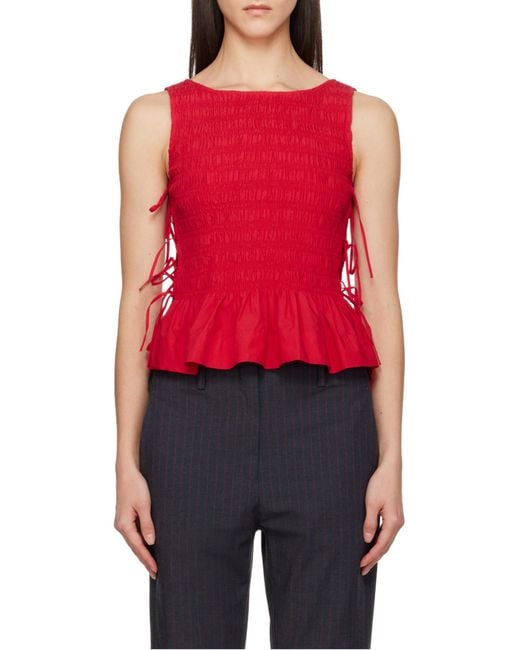 Ganni Red Smock Tie Top