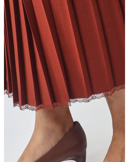 Twinset Red Pleated Rawedge Midi Skirt
