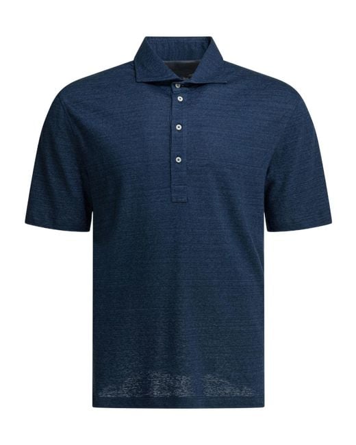 Brunello Cucinelli Blue Linen And Cotton Polo Shirt for men