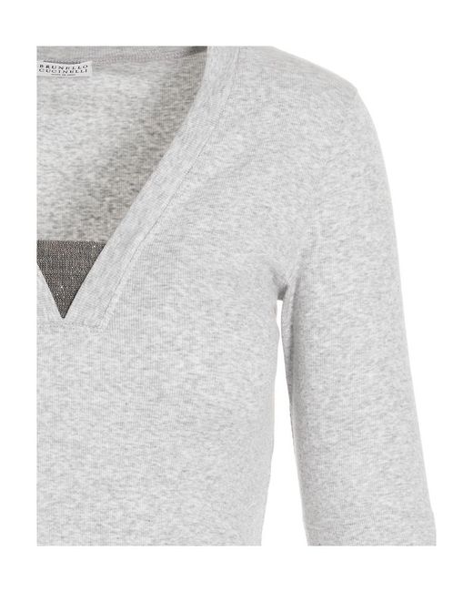 Brunello Cucinelli Gray Front Insert Detailed Slim Fit Top