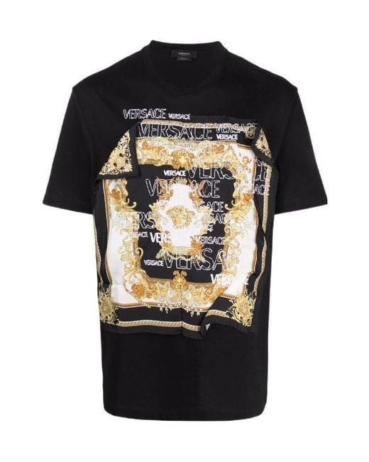 Versace Black Baroque-Patch Crewneck T-Shirt for men