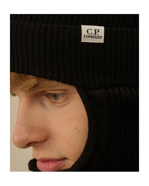 C P Company Black Ribbed Logo Balaclava Hat for men