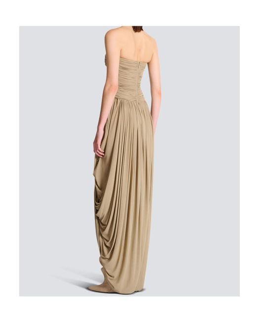 Balmain Natural Draped Strapless Jumpsuit