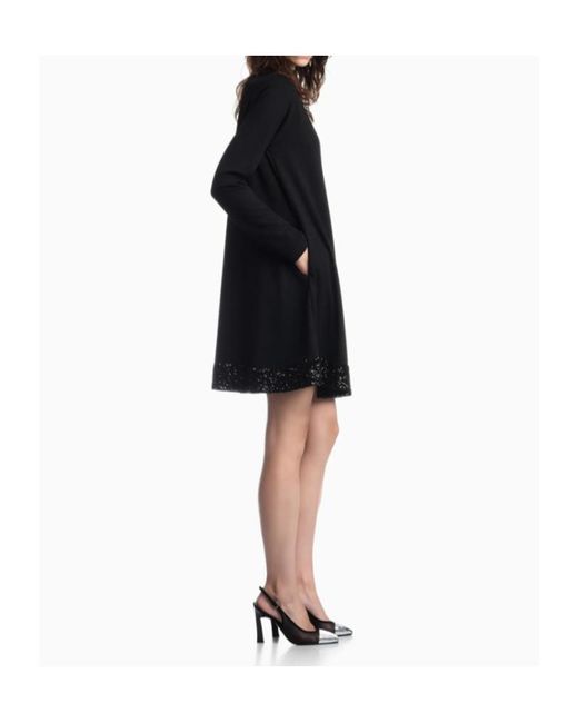 Emporio Armani Black Short A-Line Dress With Boat Neck And Sequin Trim