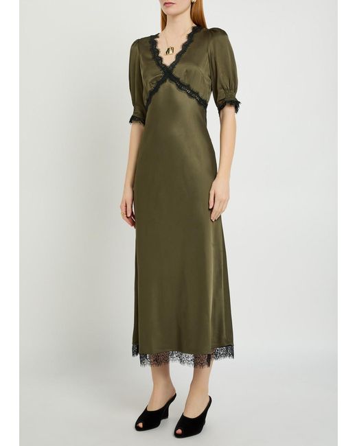 Rixo Green Annina Lace-Embellished Satin Midi Dress