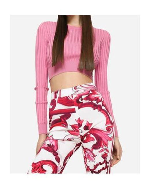Dolce & Gabbana Pink Logo Plaque Cropped Ribbed Sweater