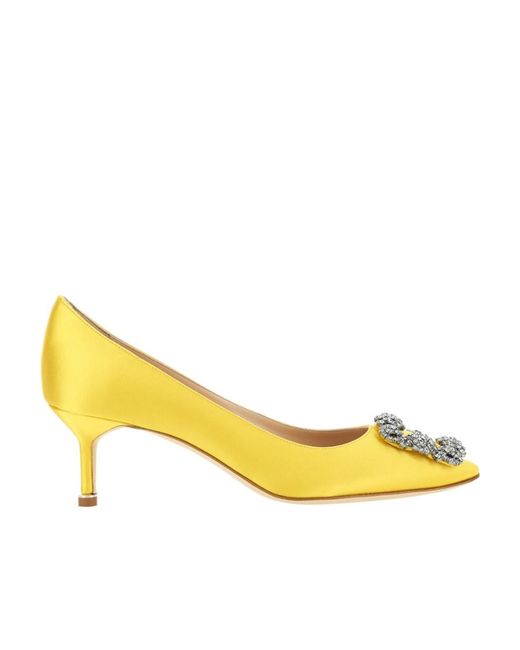 Manolo Blahnik Yellow Hangisi Embellished Satin Pumps
