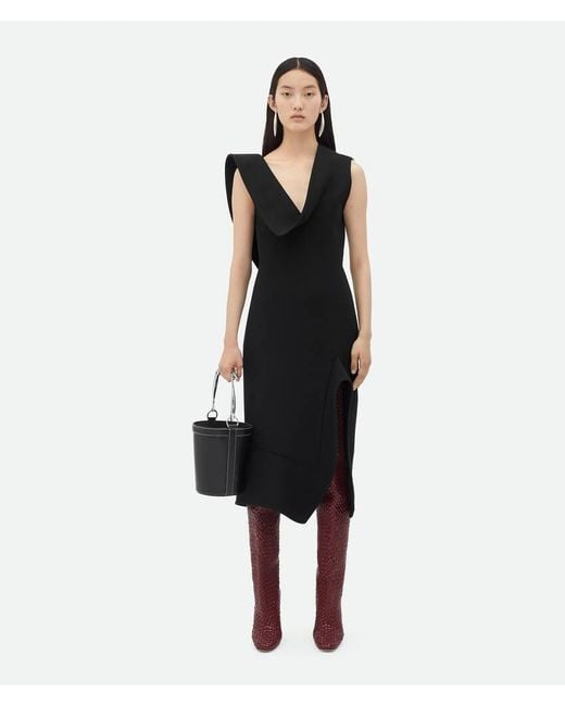 Bottega Veneta Black Structured V-Neck Midi Dress