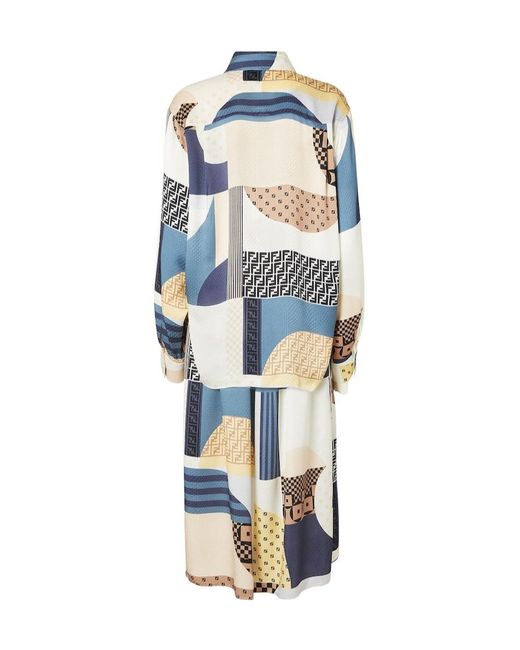 Fendi Blue Patchwork Printed Drawstring-Waist Midi Dress