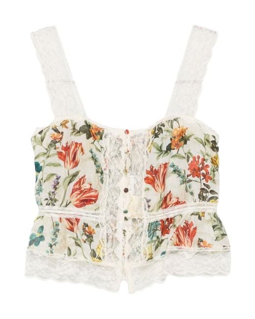Alice + Olivia White Floral-Print Lace-Trim Top