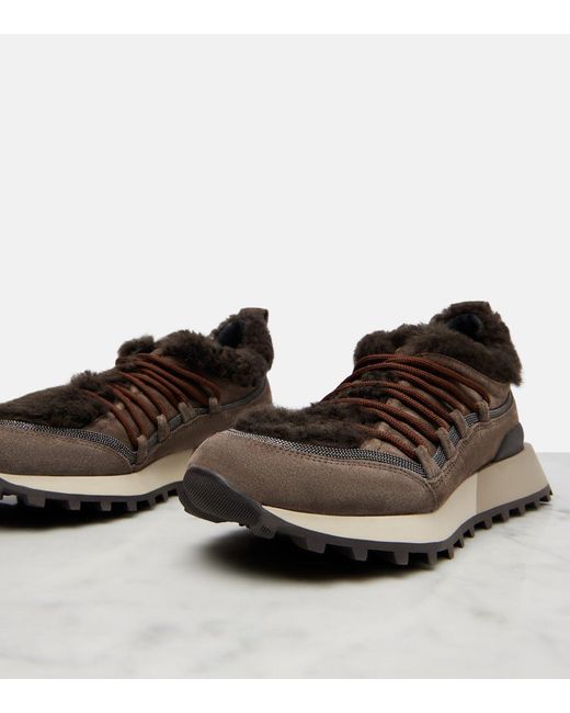 Brunello Cucinelli Brown Shearling-Lined Suede Low-Top Sneakers
