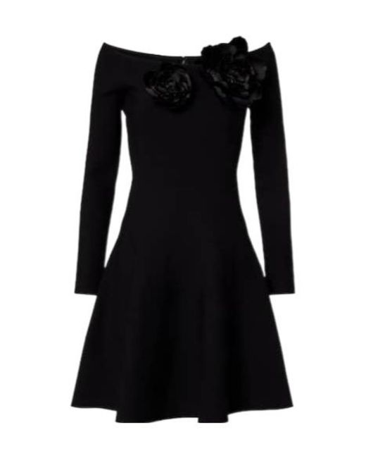 Oscar de la Renta Black Floral-Appliqué Off-Shoulder Minidress