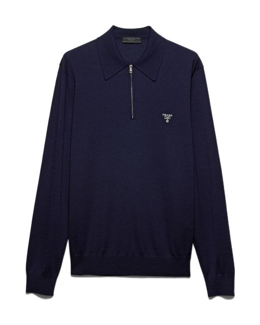 Prada Blue Wool Logo Polo Shirt for men