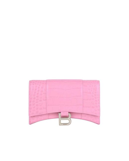 Balenciaga Pink Hourglass Wallet With Chain Crocodile Embossed
