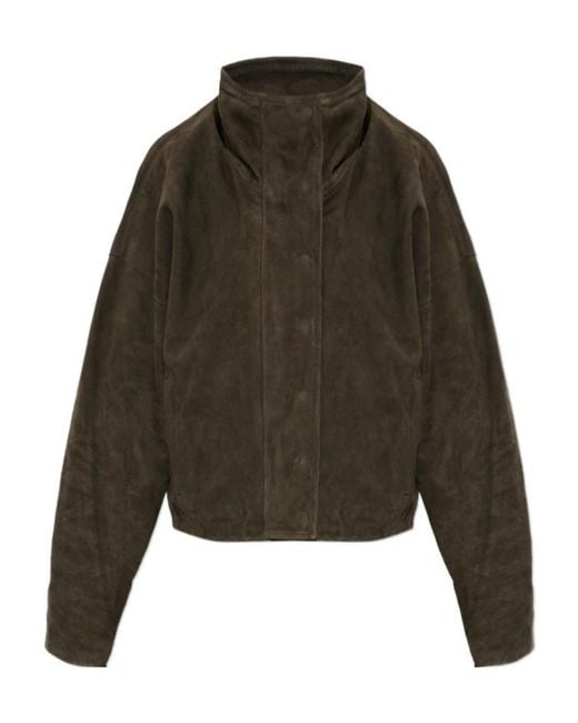 AllSaints Green High-Necked Long-Sleeved Leather Jacket