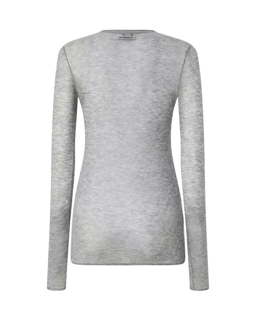 Pinko Gray Long-Sleeved Knitted Sheer T-Shirt