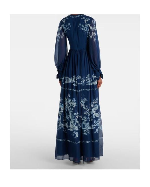 Erdem Blue Floral Ruched Silk Gown