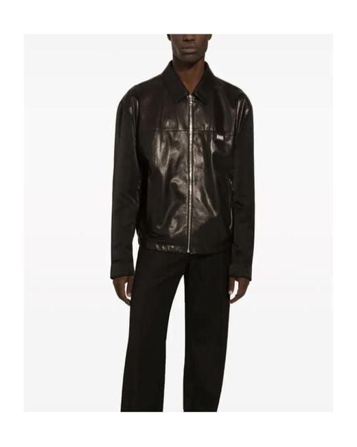Dolce & Gabbana Black Logo-Plaque Leather Jacket for men