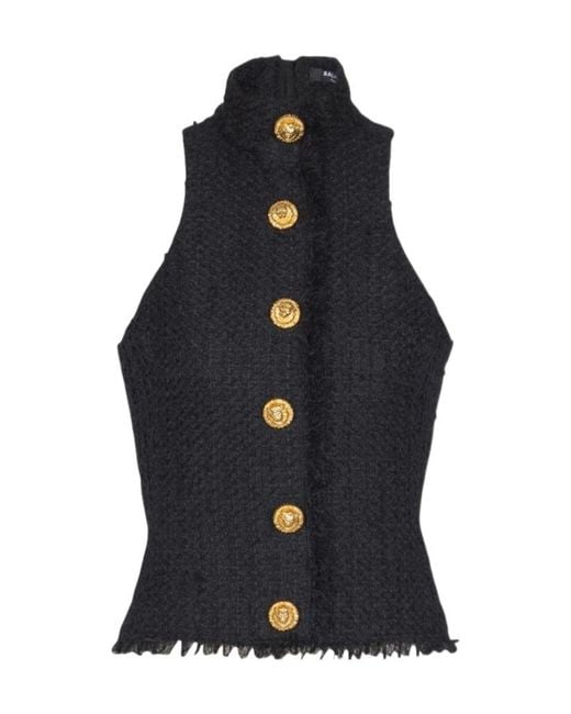 Balmain Blue Button-Down Backless Tweed Top