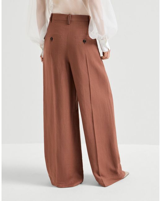 Brunello Cucinelli Brown Viscose And Linen Fluid Twill Wide Trousers With Monili