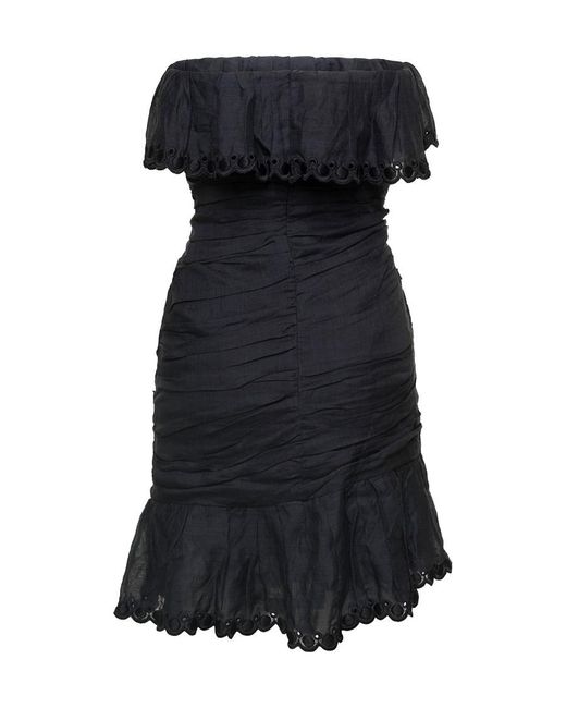 Isabel Marant Black Off-Shoulder Ruched Minidress