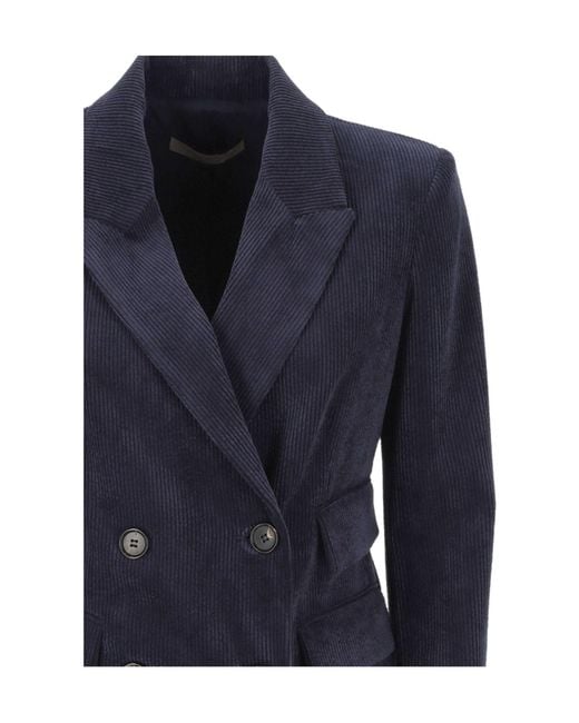 D.exterior Blue Double-Breasted Suit Jacket