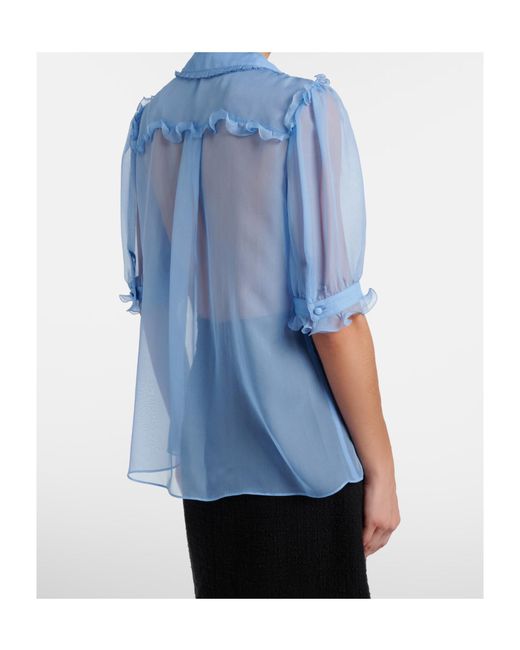 Dolce & Gabbana Blue Ruffled Semi-Sheer Silk Blouse