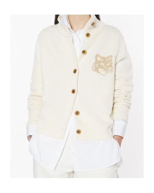Maison Kitsuné White Maison Kitsuné Fox Head Intarsia High-Neck Cardigan