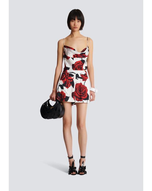Balmain Red Rose Printed Satin Shorts