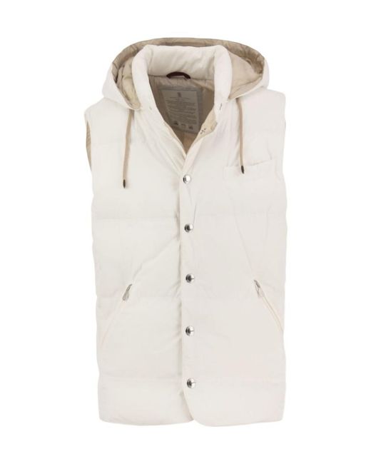 Brunello Cucinelli White Button-Up Hooded Vest for men