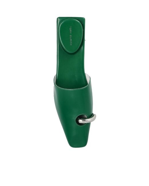 Tory Burch Green Pierced Leather Mules
