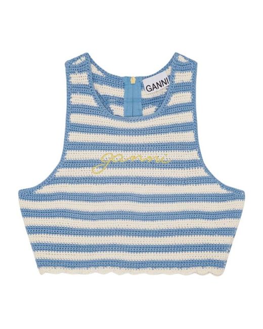Ganni Blue Crochet Racerback Top