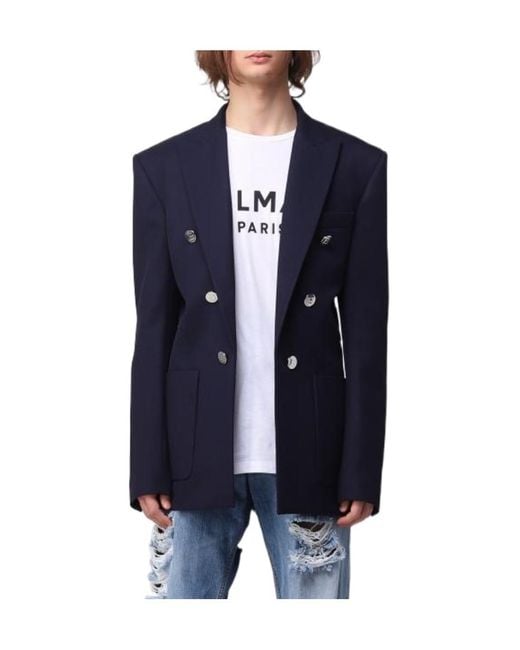 Balmain Blue Button-Detailed Wool Blazer for men