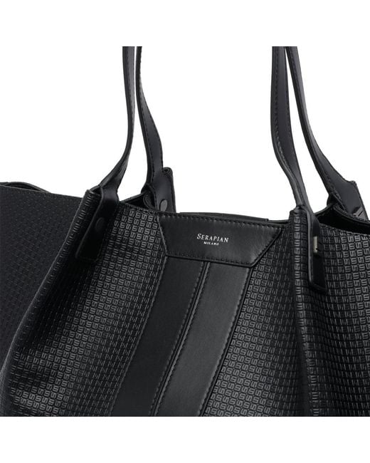 Serapian Black Logo Printed Tote Bag