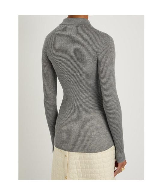 Moncler Gray Ribbed Wool Polo Top