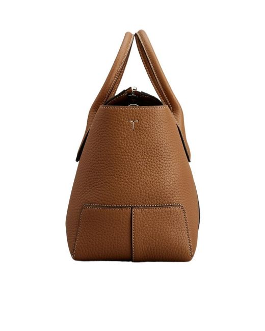 Tod's Brown Logo Embossed Zipped Small Tote Bag