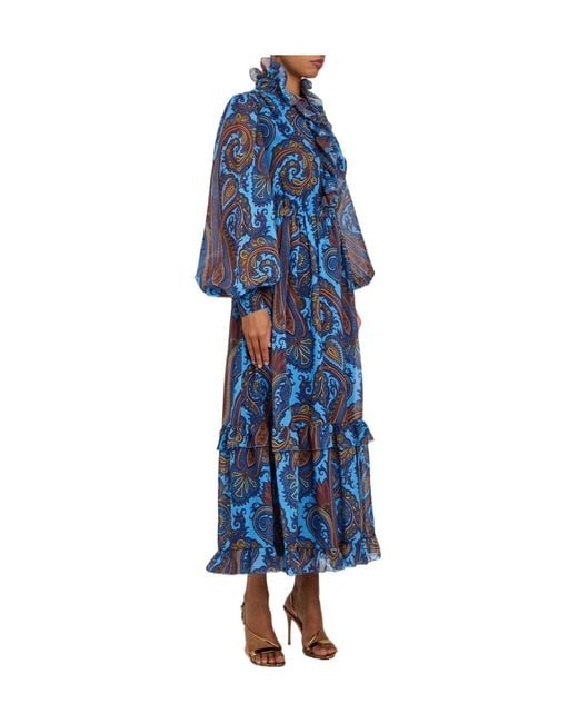 Etro Blue Print Ruffled Chiffon Maxi Dress