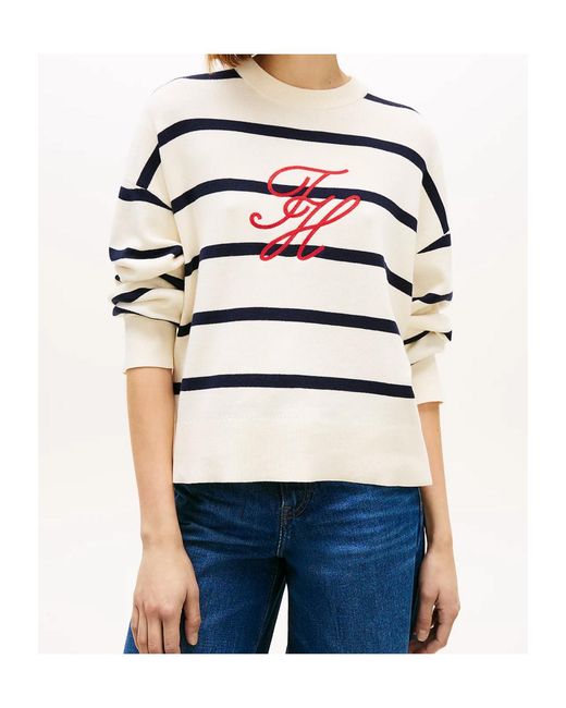 Tommy Hilfiger White Striped-Pattern Sweater