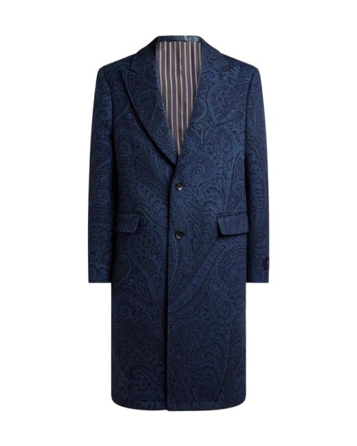Etro Blue Wool And Cashmere Jacquard Coat for men