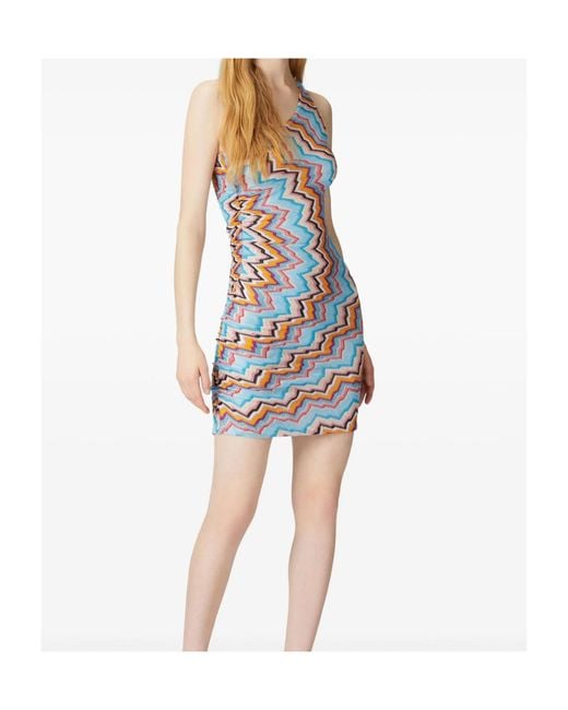 Missoni Blue Zigzag-Pattern One-Shoulder Mini Dress