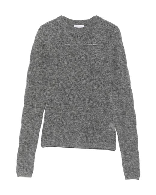 Brunello Cucinelli Gray Open-Knit Long-Sleeve Sweater
