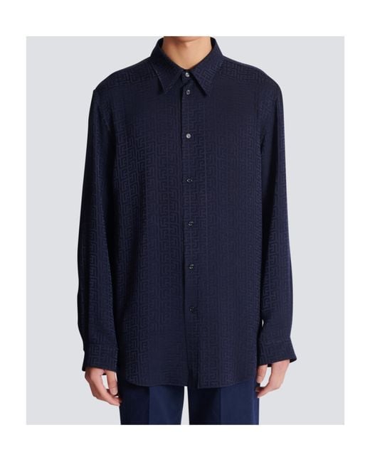 Balmain Blue Monogram Long-Sleeve Jacquard Shirt for men