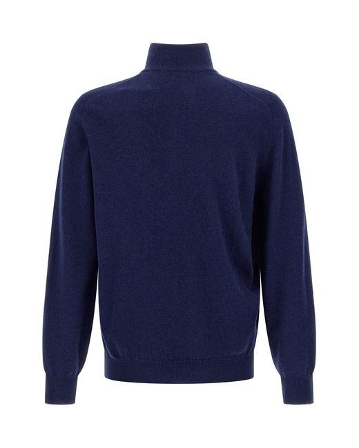 Brunello Cucinelli Blue Cashmere Half-Zip Sweater for men