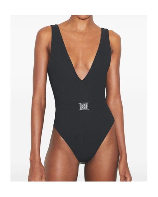 Tory Burch Black V-Neck One-Piece Swimsuit With Belted Waist