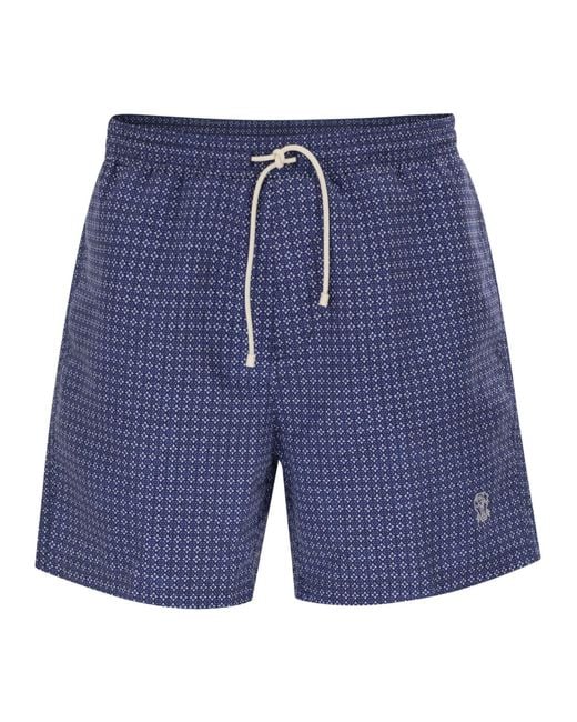 Brunello Cucinelli Blue Nylon Swimsuit With Floral Print for men