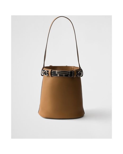Prada Brown Buckle Leather Bucket Bag With Studded Belt