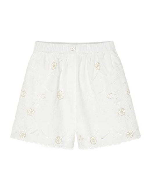 Forte_forte White Poplin Shorts With Lace And Glass Embroidery