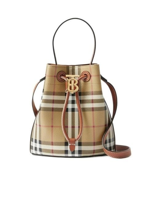 Burberry Natural Logo Plaque Checked Drawstring Bucket Bag