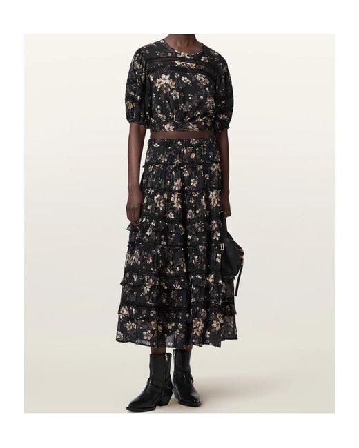 AllSaints Black Peony Floral Puff-Sleeve Top