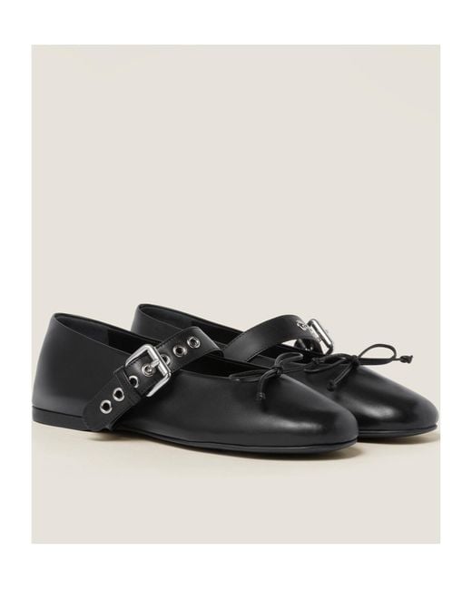 Miu Miu Black Bow-Detailed Buckled Ballerina Shoes